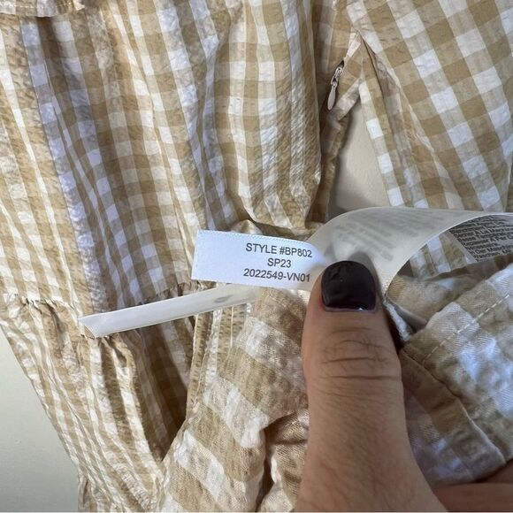 J Crew Seersucker ruffle neck mini dress Tan and White Tiered Gingham size 0 XS - Picture 10 of 12